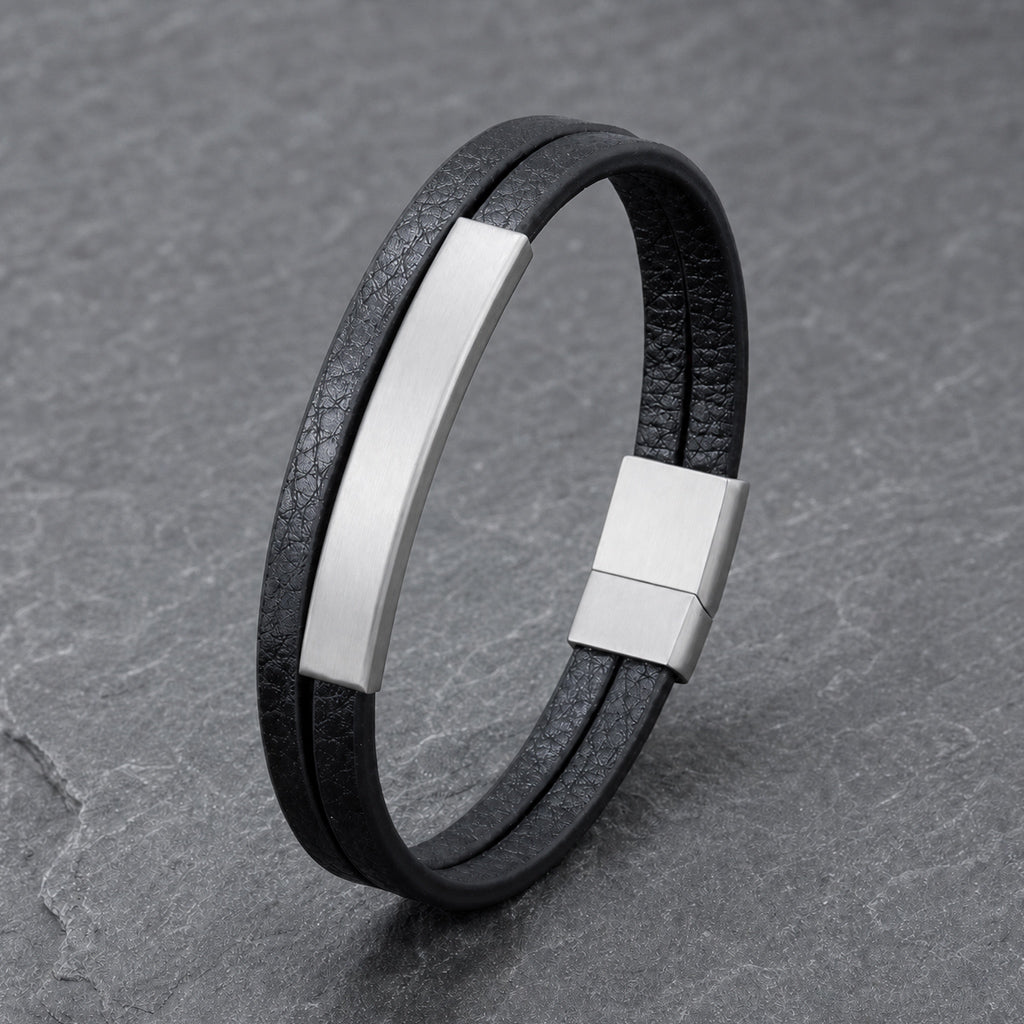 Silver Edge - Lederarmband für Herren gravierbar schwarz | Edelstahl Magnetverschluss