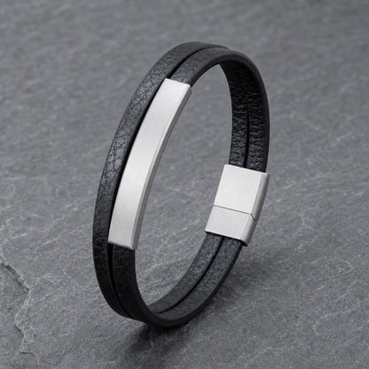 Silver Edge - Lederarmband für Herren gravierbar schwarz | Edelstahl Magnetverschluss