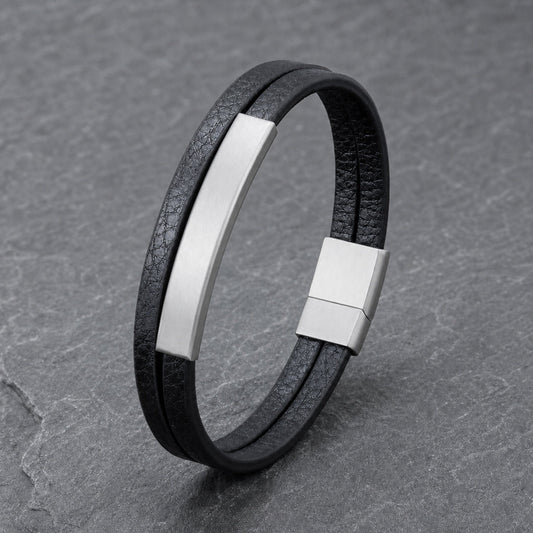 Silver Edge - Lederarmband für Herren gravierbar schwarz | Edelstahl Magnetverschluss