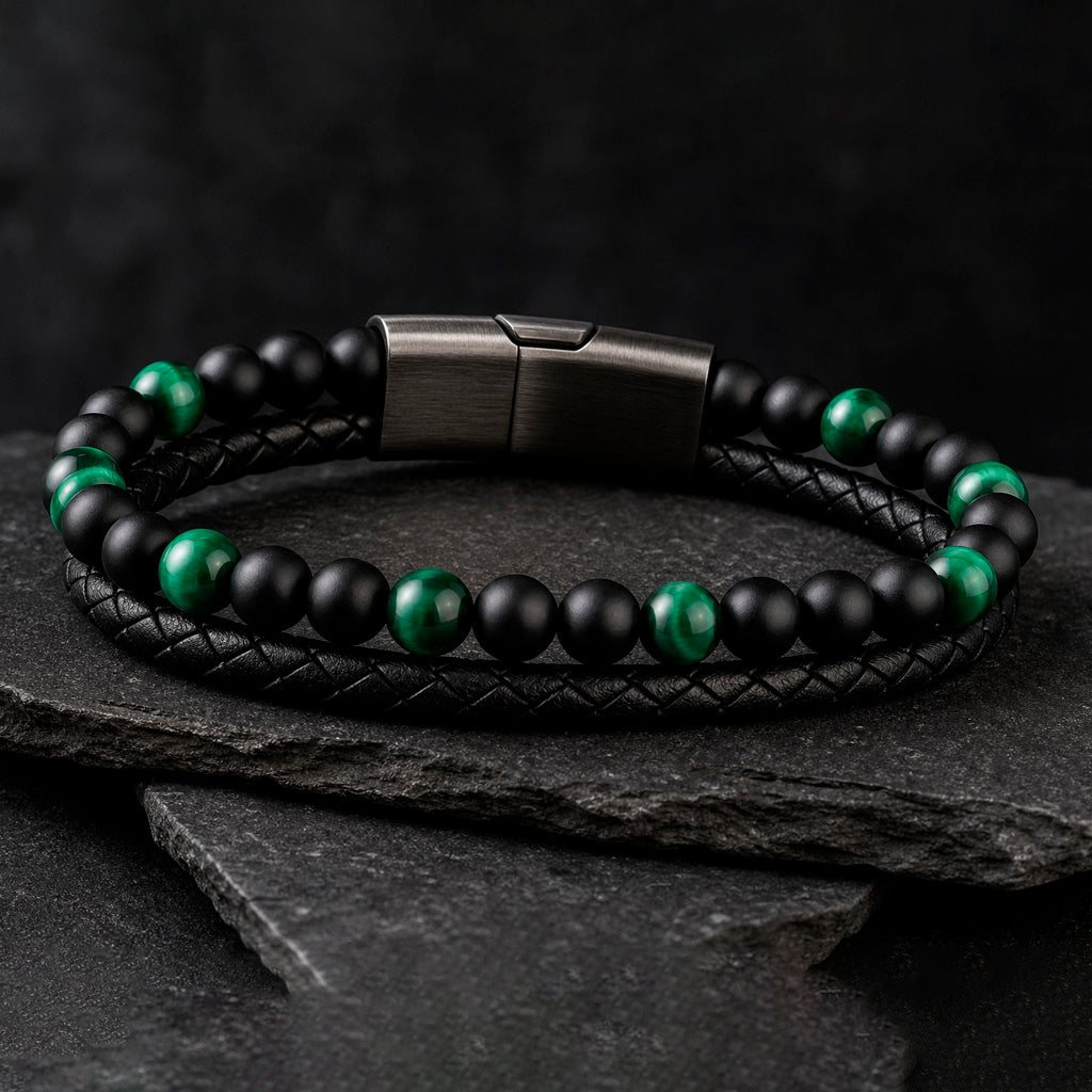 Stone Braid - Lederarmband für Herren gravierbar mit Naturstein-Perlen in 5 Farben | Edelstahl Magnetverschluss
