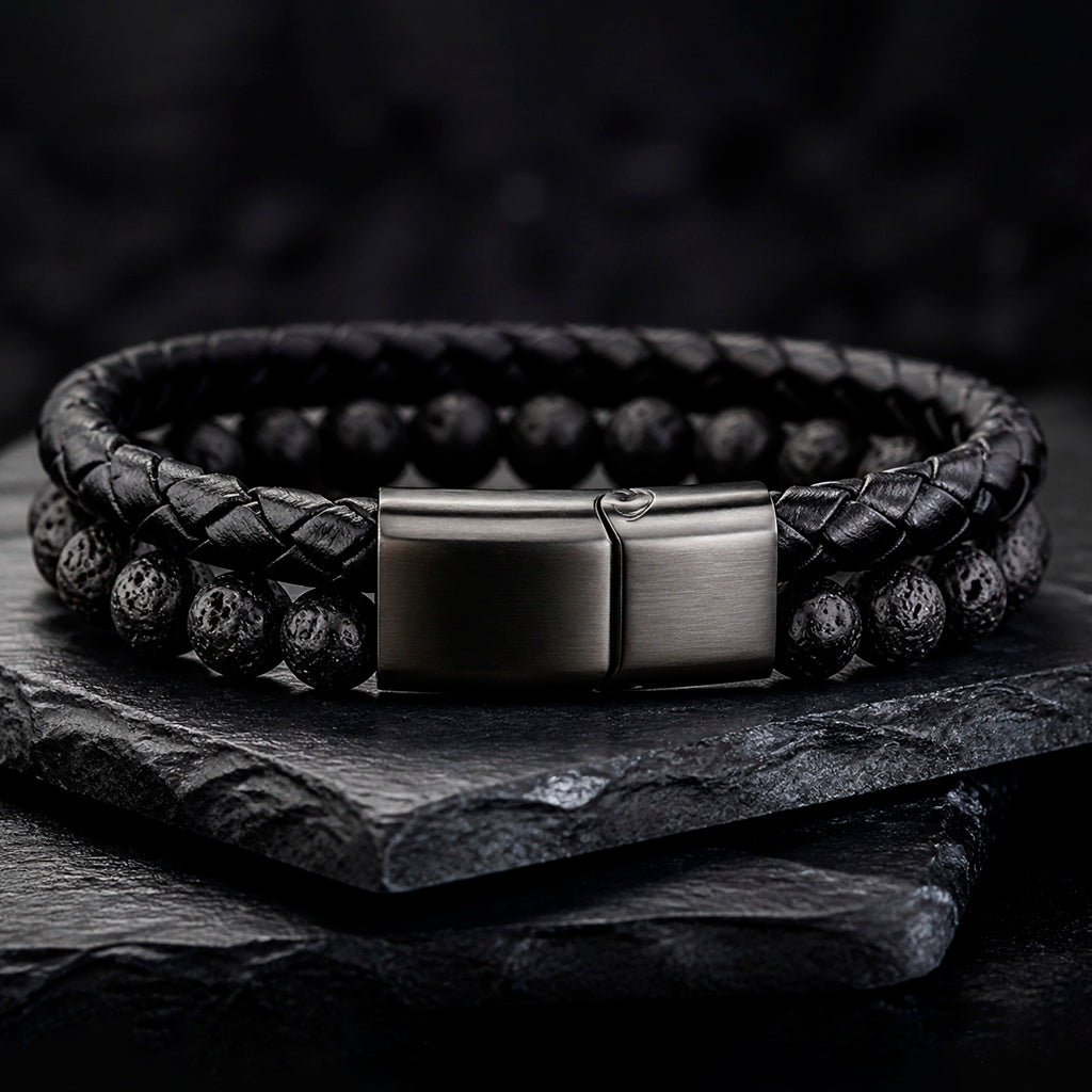 Stone Braid - Lederarmband für Herren gravierbar mit Naturstein-Perlen in 5 Farben | Edelstahl Magnetverschluss