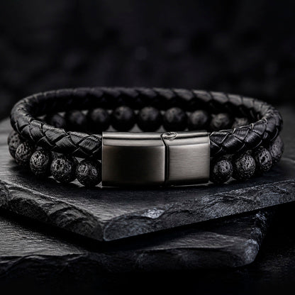 Stone Braid - Lederarmband für Herren gravierbar mit Naturstein-Perlen in 5 Farben | Edelstahl Magnetverschluss