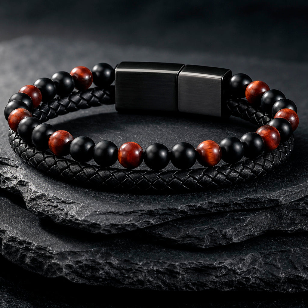 Stone Braid - Lederarmband für Herren gravierbar mit Naturstein-Perlen in 5 Farben | Edelstahl Magnetverschluss