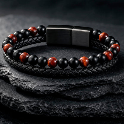 Stone Braid - Lederarmband für Herren gravierbar mit Naturstein-Perlen in 5 Farben | Edelstahl Magnetverschluss