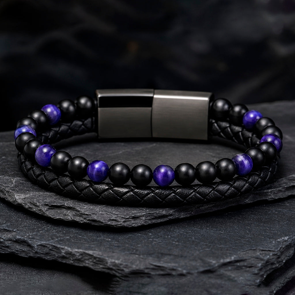 Stone Braid - Lederarmband für Herren gravierbar mit Naturstein-Perlen in 5 Farben | Edelstahl Magnetverschluss