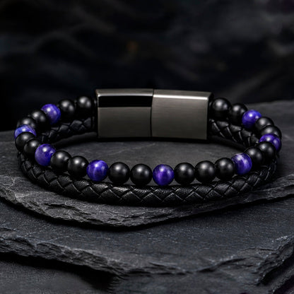 Stone Braid - Lederarmband für Herren gravierbar mit Naturstein-Perlen in 5 Farben | Edelstahl Magnetverschluss