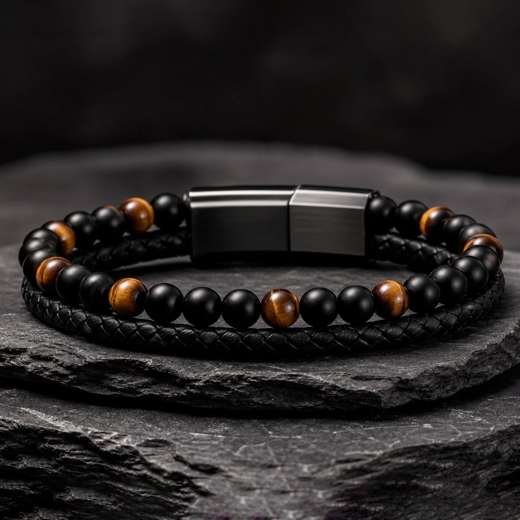 Stone Braid - Lederarmband für Herren gravierbar mit Naturstein-Perlen in 5 Farben | Edelstahl Magnetverschluss