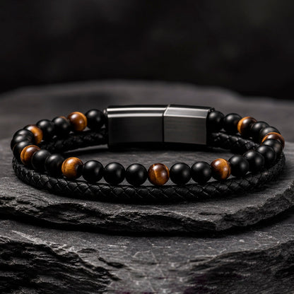 Stone Braid - Lederarmband für Herren gravierbar mit Naturstein-Perlen in 5 Farben | Edelstahl Magnetverschluss