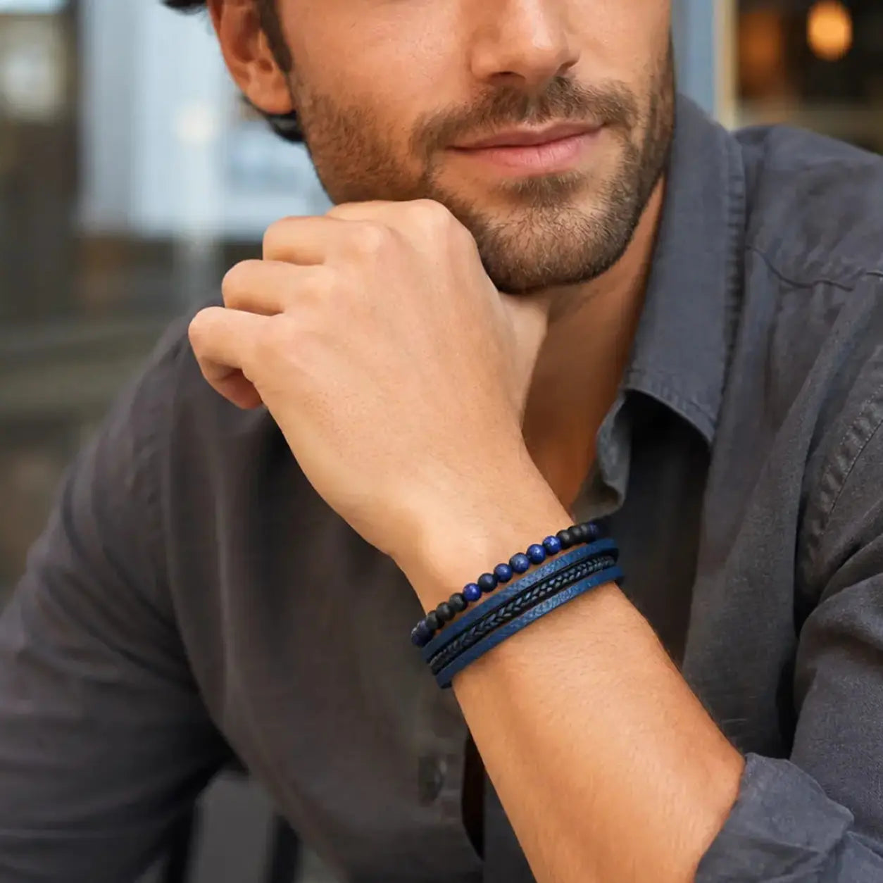 Stone Weave - Lederarmband mit Natursteinperlen für Herren gravierbar in 3 Farben | Edelstahl
