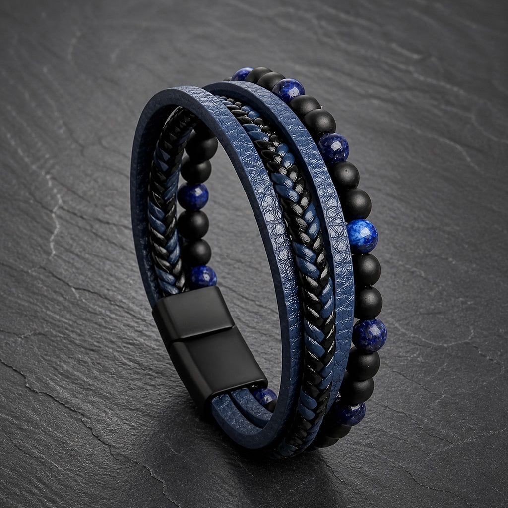 Stone Weave - Lederarmband mit Natursteinperlen für Herren gravierbar in 3 Farben | Edelstahl