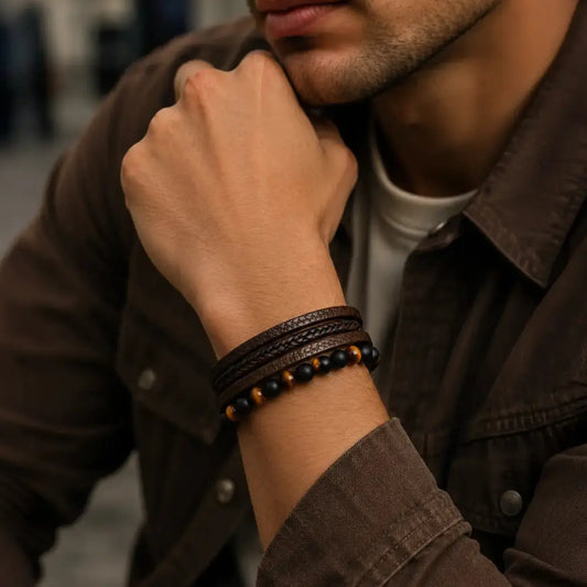 Stone Weave - Lederarmband mit Natursteinperlen für Herren gravierbar in 3 Farben | Edelstahl
