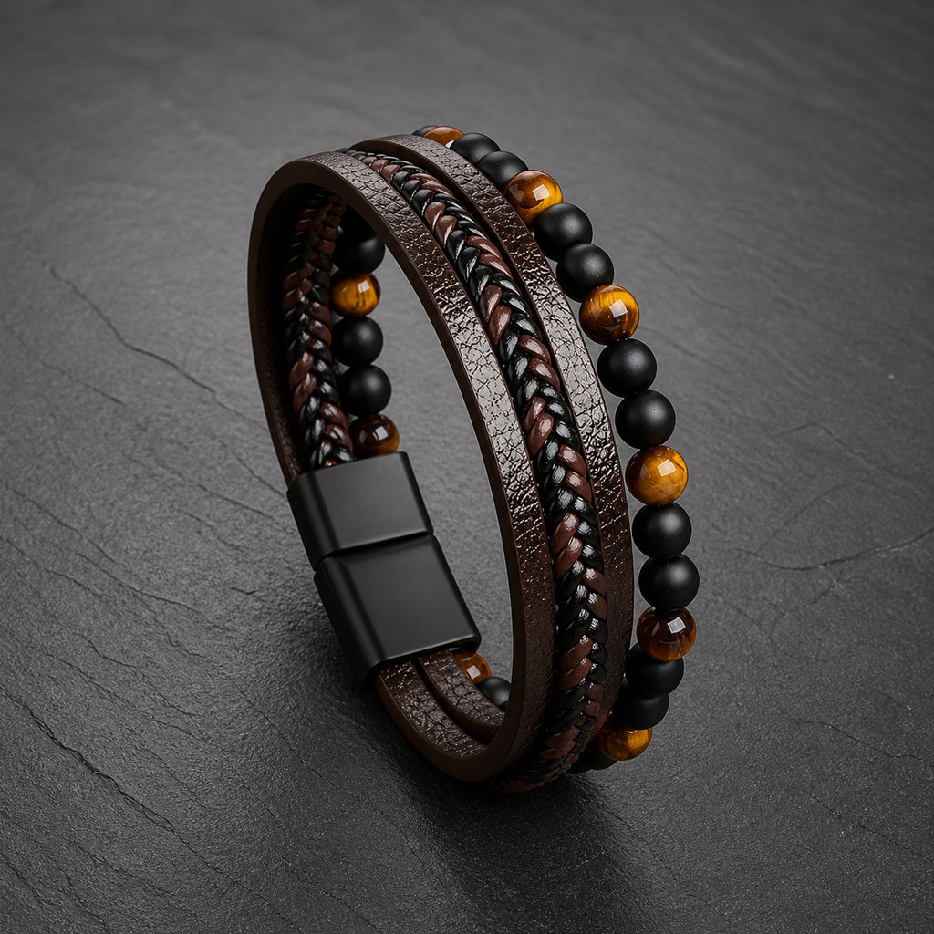 Stone Weave - Lederarmband mit Natursteinperlen für Herren gravierbar in 3 Farben | Edelstahl