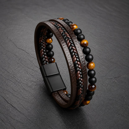 Stone Weave - Lederarmband mit Natursteinperlen für Herren gravierbar in 3 Farben | Edelstahl