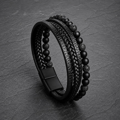 Stone Weave - Lederarmband mit Natursteinperlen für Herren gravierbar in 3 Farben | Edelstahl