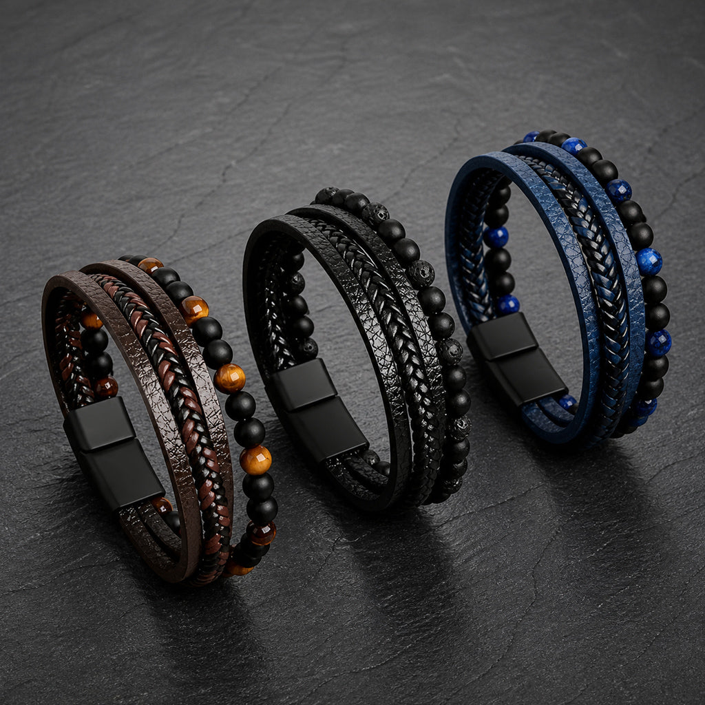 Stone Weave - Lederarmband mit Natursteinperlen für Herren gravierbar in 3 Farben | Edelstahl