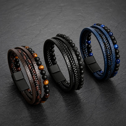 Stone Weave - Lederarmband mit Natursteinperlen für Herren gravierbar in 3 Farben | Edelstahl