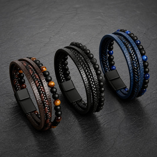 Stone Weave - Lederarmband mit Natursteinperlen für Herren gravierbar in 3 Farben | Edelstahl