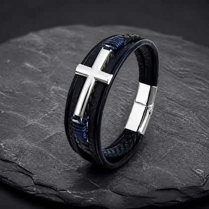 Cross Silver - Lederarmband für Herren gravierbar mit Kreuz | Edelstahl Magnetverschluss