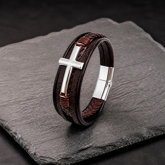 Cross Silver - Lederarmband für Herren gravierbar mit Kreuz | Edelstahl Magnetverschluss