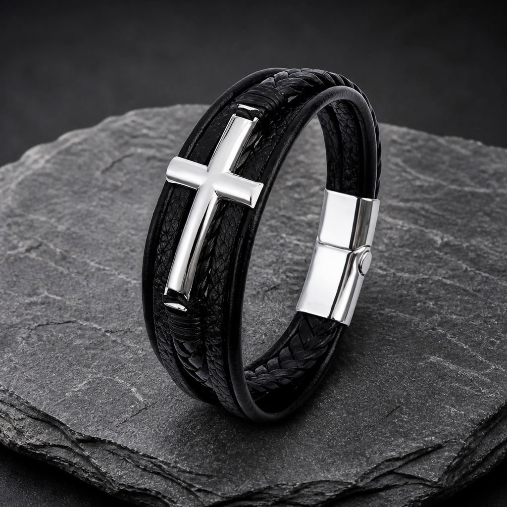 Cross Silver - Lederarmband für Herren gravierbar mit Kreuz | Edelstahl Magnetverschluss