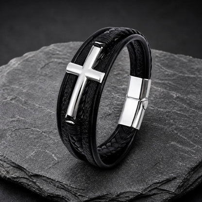 Cross Silver - Lederarmband für Herren gravierbar mit Kreuz | Edelstahl Magnetverschluss