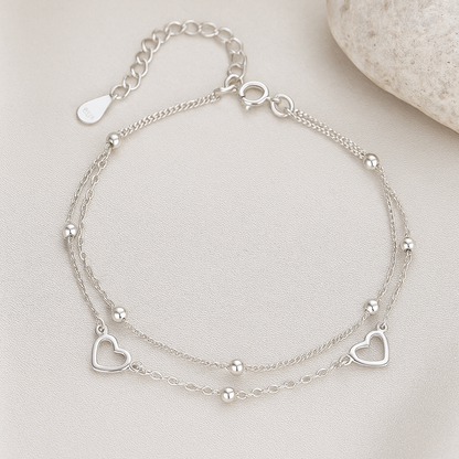 Armband aus 925er-Sterling-Silber, doppellagige Kette mit Herz, 15+5cm