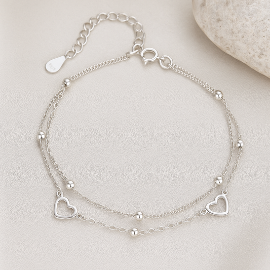 Armband aus 925er-Sterling-Silber, doppellagige Kette mit Herz, 15+5cm