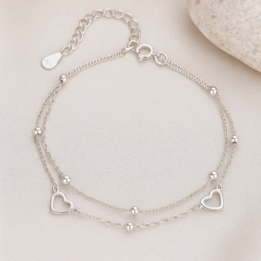 Armband aus 925er-Sterling-Silber, doppellagige Kette mit Herz, 15+5cm