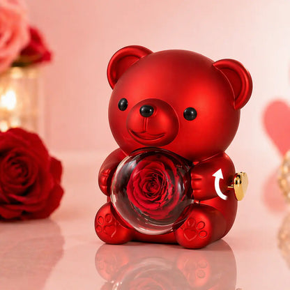 Geschenkbox Bär Schmuckbox rot mit Rosenfach Drehmechanismus - 13cm