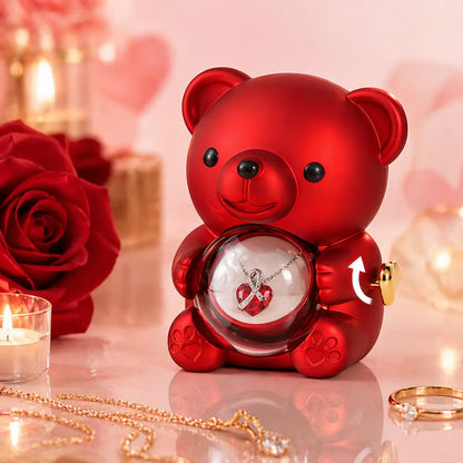 Geschenkbox Bär Schmuckbox rot mit Rosenfach Drehmechanismus - 13cm
