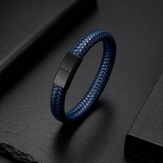 Braid Lock Blue - Geflochtenes Lederarmband Blau für Herren gravierbar | Edelstahl Magnetverschluss