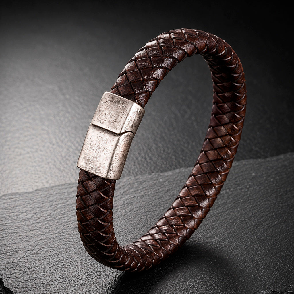 Braid Lock Brown Rust - Geflochtenes Lederarmband für Herren gravierbar braun | Edelstahl Magnetverschluss