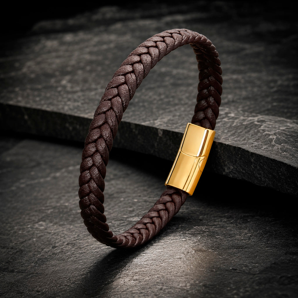 Braid Lock Slim Brown - Braunes schmale Lederarmband für Herren in 3 Verschlussfarben | Edelstahl Magnetverschluss