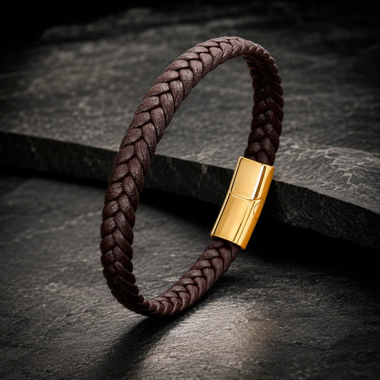 Braid Lock Slim Brown - Braunes schmale Lederarmband für Herren in 3 Verschlussfarben | Edelstahl Magnetverschluss