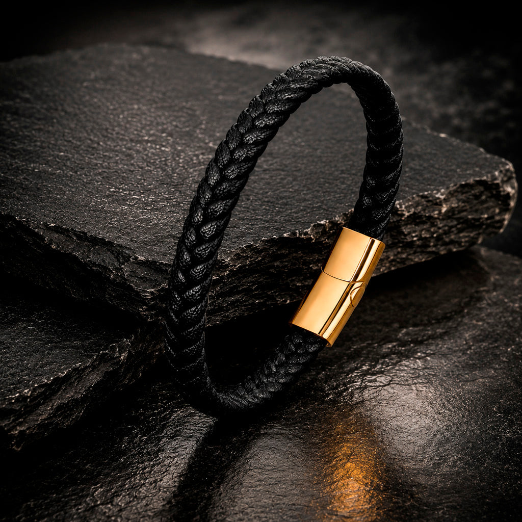 Braid Lock Slim Black - Schmale Lederarmband für Herren in 3 Verschlussfarben | Edelstahl Magnetverschluss
