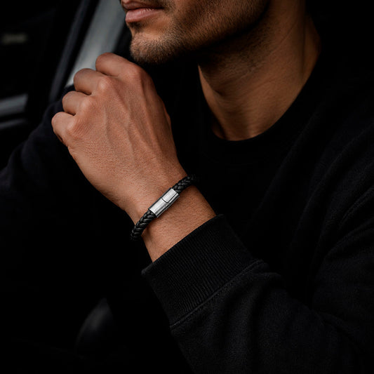 Braid Lock Slim Black - Schmale Lederarmband für Herren in 3 Verschlussfarben | Edelstahl Magnetverschluss