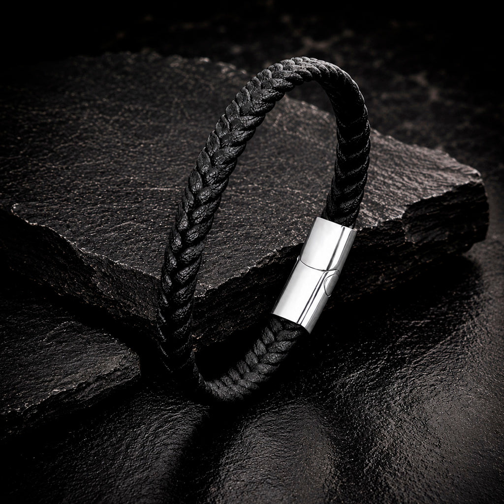 Braid Lock Slim Black - Schmale Lederarmband für Herren in 3 Verschlussfarben | Edelstahl Magnetverschluss
