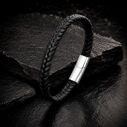 Braid Lock Slim Black - Schmale Lederarmband für Herren in 3 Verschlussfarben | Edelstahl Magnetverschluss