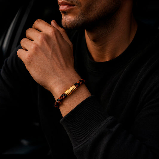Braid Lock Slim - Schmales Lederarmband für Herren in Braun/Schwarz mit 3 Verschlussfarben | Edelstahl Magnetverschluss
