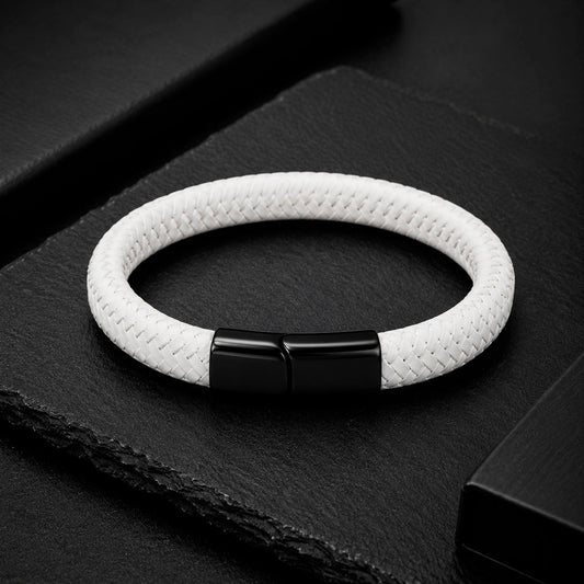 Braid Lock White - Geflochtenes Lederarmband für Herren in weiß gravierbar | Edelstahl Magnetverschluss