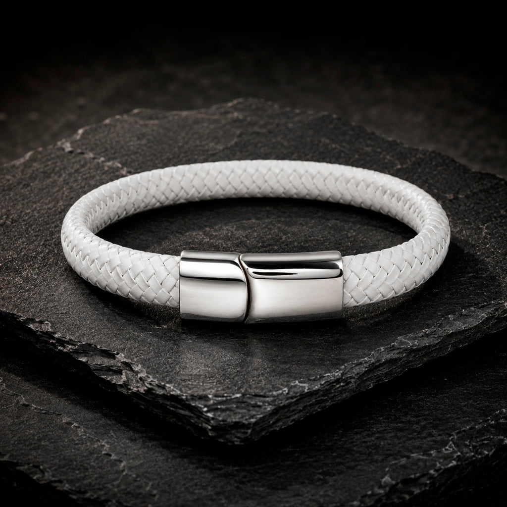 Braid Lock White Silver – Lederarmband für Herren gravierbar Weiß | Edelstahl Magnetverschluss