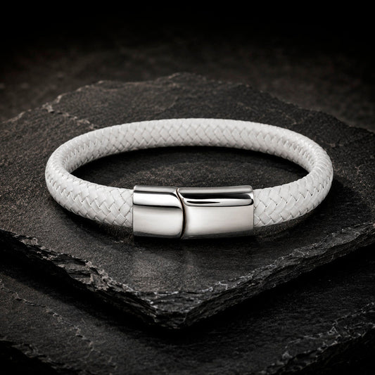 Braid Lock White Silver – Lederarmband für Herren gravierbar Weiß | Edelstahl Magnetverschluss