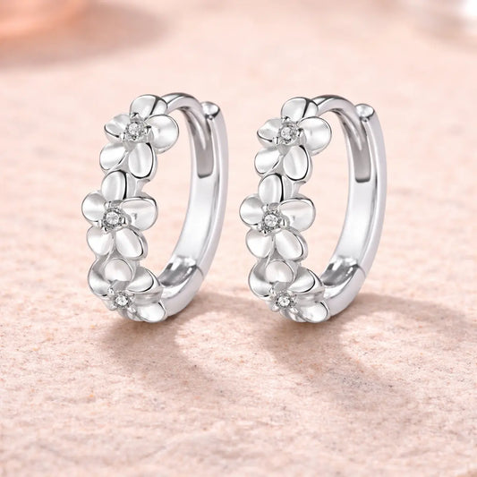 Damen Klappcreolen Modeschmuck silberfarben Blumen Zirkonia - 13mm