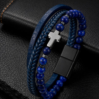 Cross Stone - Lederarmband für Herren mit Natursteinperlen und Edelstahl-Kreuz gravierbar | Edelstahl Magnetverschluss