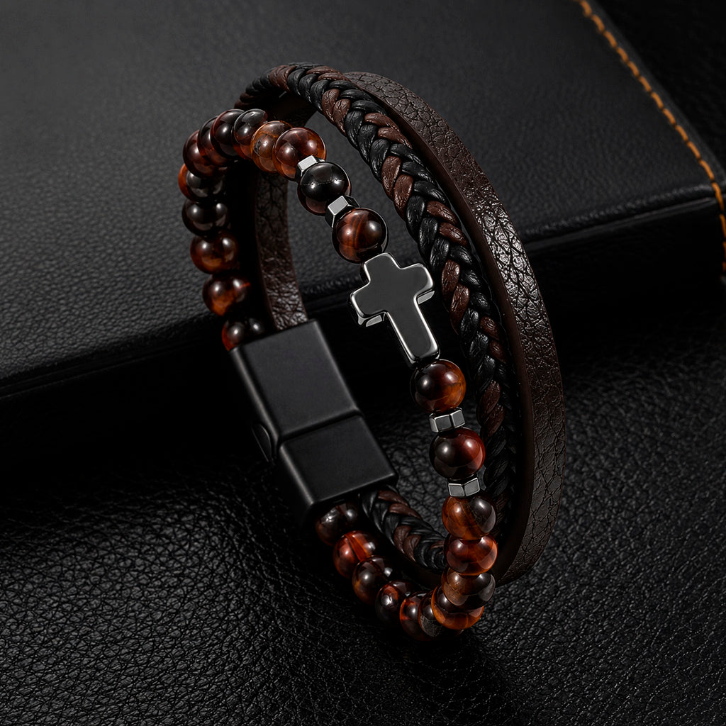 Cross Stone - Lederarmband für Herren mit Natursteinperlen und Edelstahl-Kreuz gravierbar | Edelstahl Magnetverschluss