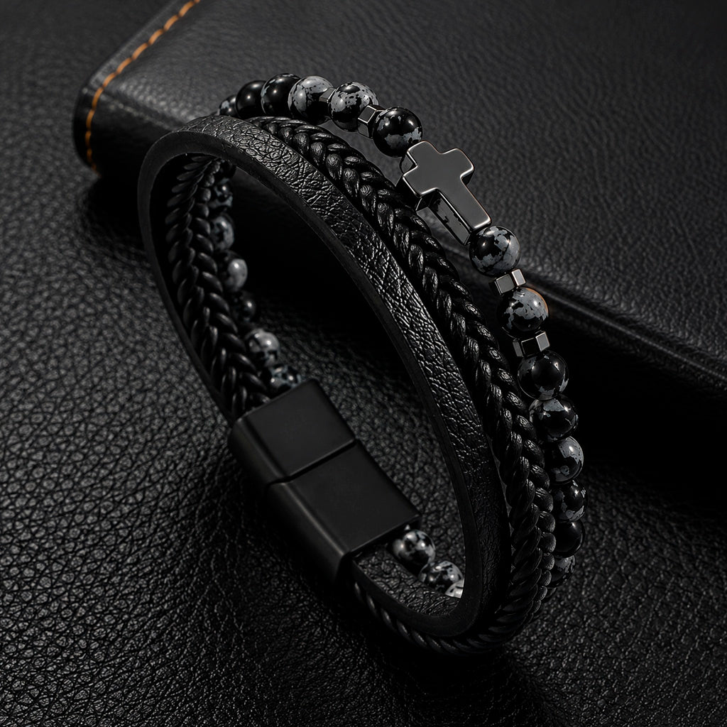 Cross Stone - Lederarmband für Herren mit Natursteinperlen und Edelstahl-Kreuz gravierbar | Edelstahl Magnetverschluss