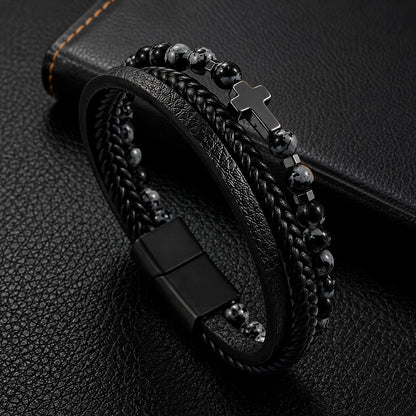 Cross Stone - Lederarmband für Herren mit Natursteinperlen und Edelstahl-Kreuz gravierbar | Edelstahl Magnetverschluss