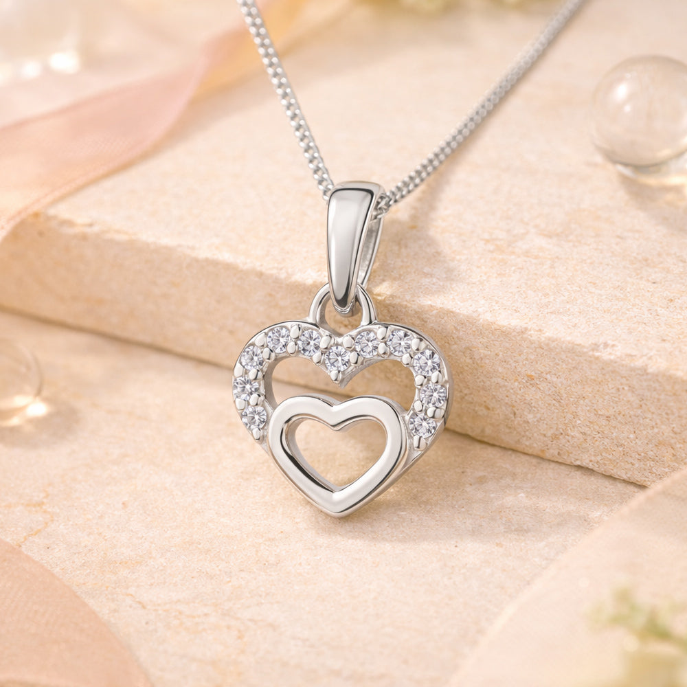Kette mit Doppelherz aus 925 Sterling Silber und Zirkoniasteinen