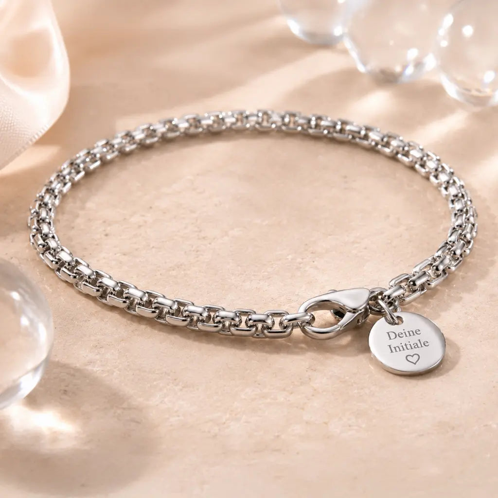 Armband Damen Edelstahl, Silber oder vergoldet mit Gravurplättchen - 20cm