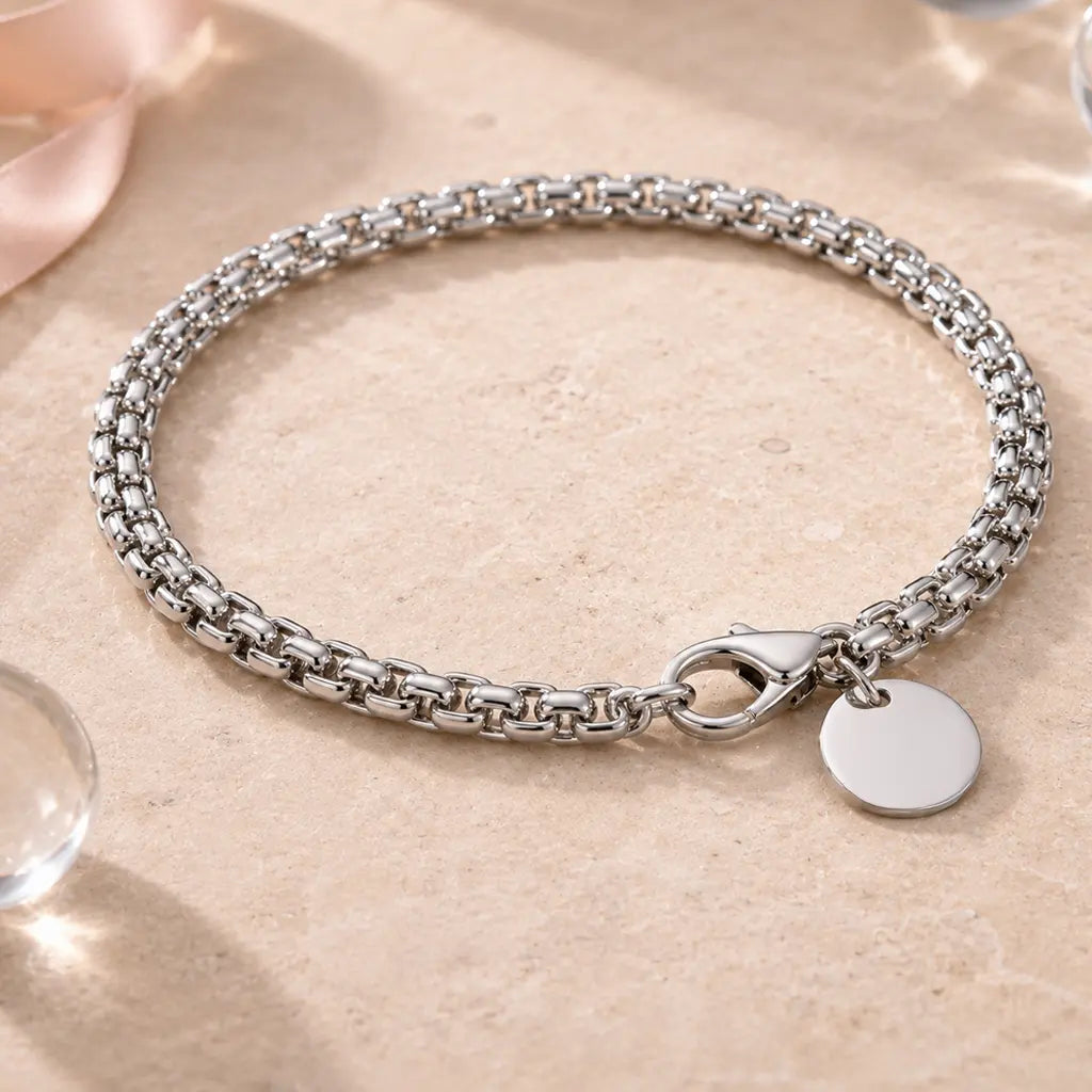 Armband Damen Edelstahl, Silber oder vergoldet mit Gravurplättchen - 20cm